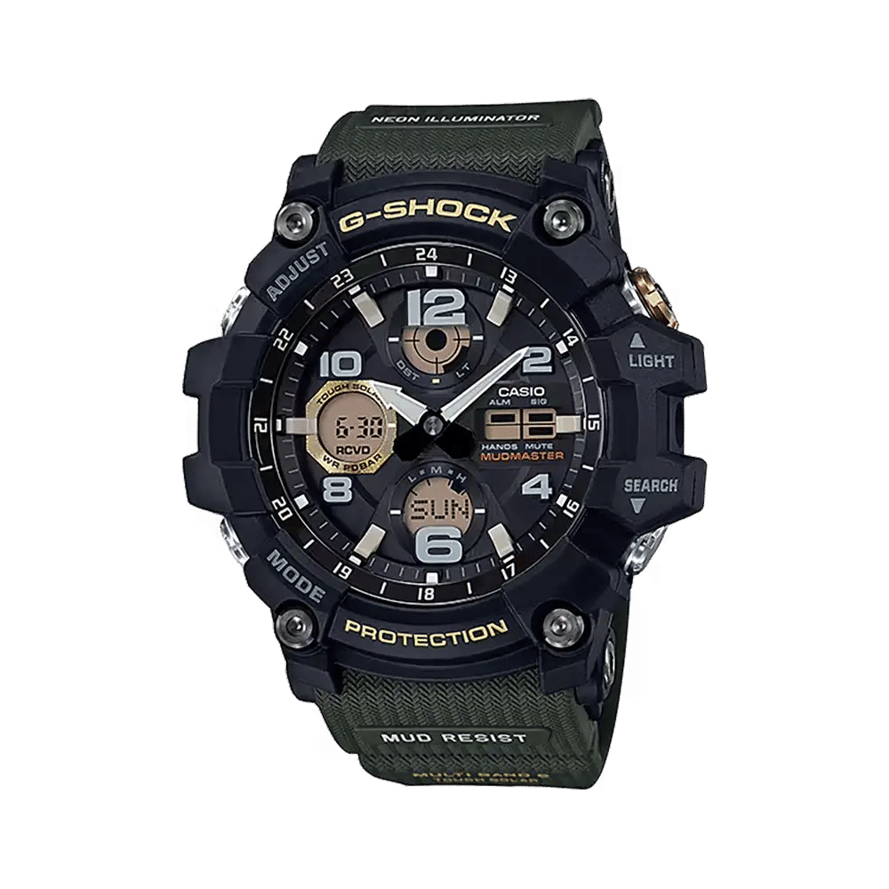 Casio G-Shock Mudmaster Herrenuhr mit schwarzem Zifferblatt und grünem Armband