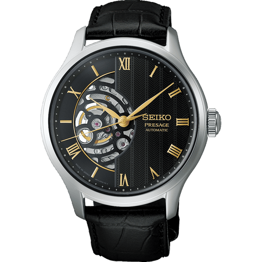 Seiko PRESAGE Herrenuhr mit schwarzem Zifferblatt, römischen Ziffern, Lederarmband