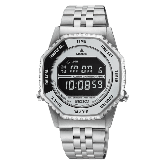 Herrenarmbanduhr Silber mit Edelstahlband, digitaler Chronographenanzeige und Stoppfunktion