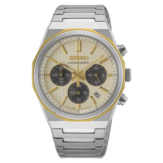 Seiko Herren-Armbanduhr zweifarbig mit Chronograph, silberfarbenem Metallband, rundem Ziffernblatt