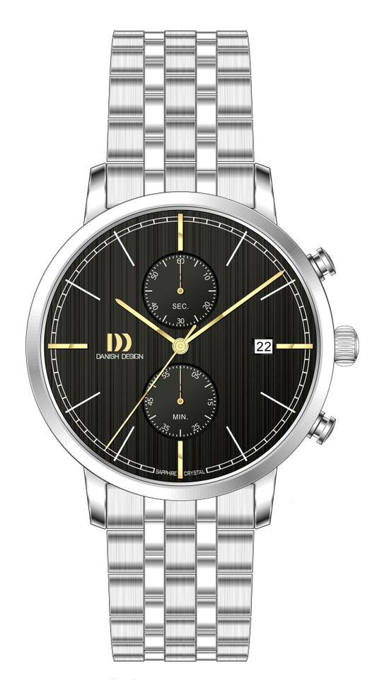 Herrenuhr mit schwarzem Zifferblatt, Chronograph und Edelstahlarmband, Datumsanzeige