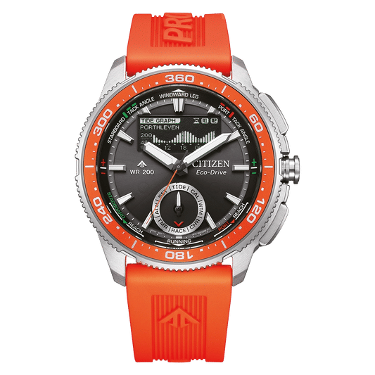Citizen Promaster Herrenarmbanduhr mit orangefarbenem Silikonband, schwarzem Zifferblatt