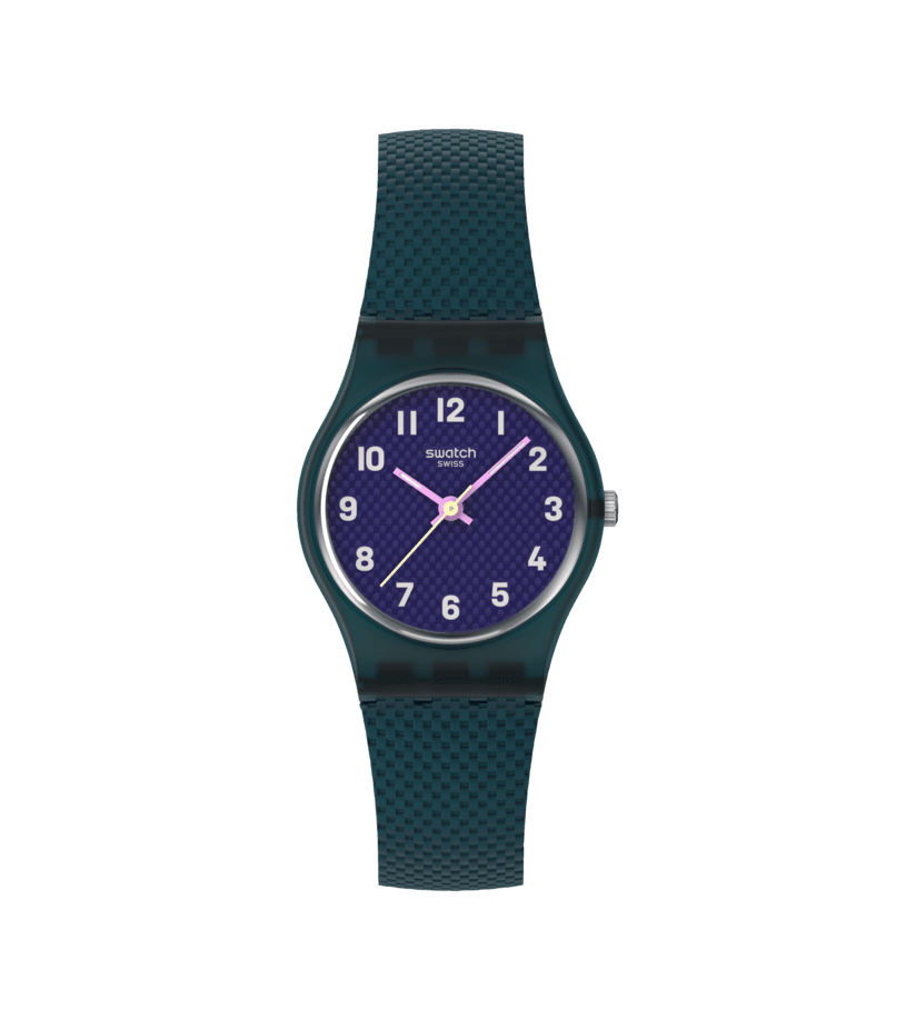 Swatch Teal Weave LL127 Damen Armbanduhr Petrol • Leuchtzeiger • Transparentes Gehäuse