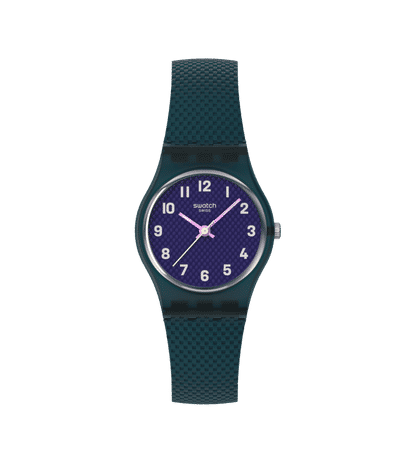 Swatch Teal Weave LL127 Damen Armbanduhr Petrol • Leuchtzeiger • Transparentes Gehäuse
