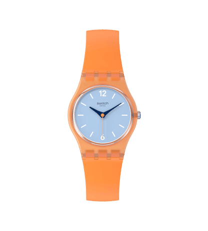 Swatch Originals LO116 View from a Mesa Damenuhr Orange • Transparentes Gehäuse • Hellblaues Zifferblatt