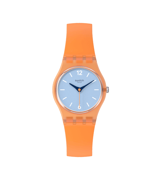 Swatch Originals LO116 View from a Mesa Damenuhr Orange • Transparentes Gehäuse • Hellblaues Zifferblatt
