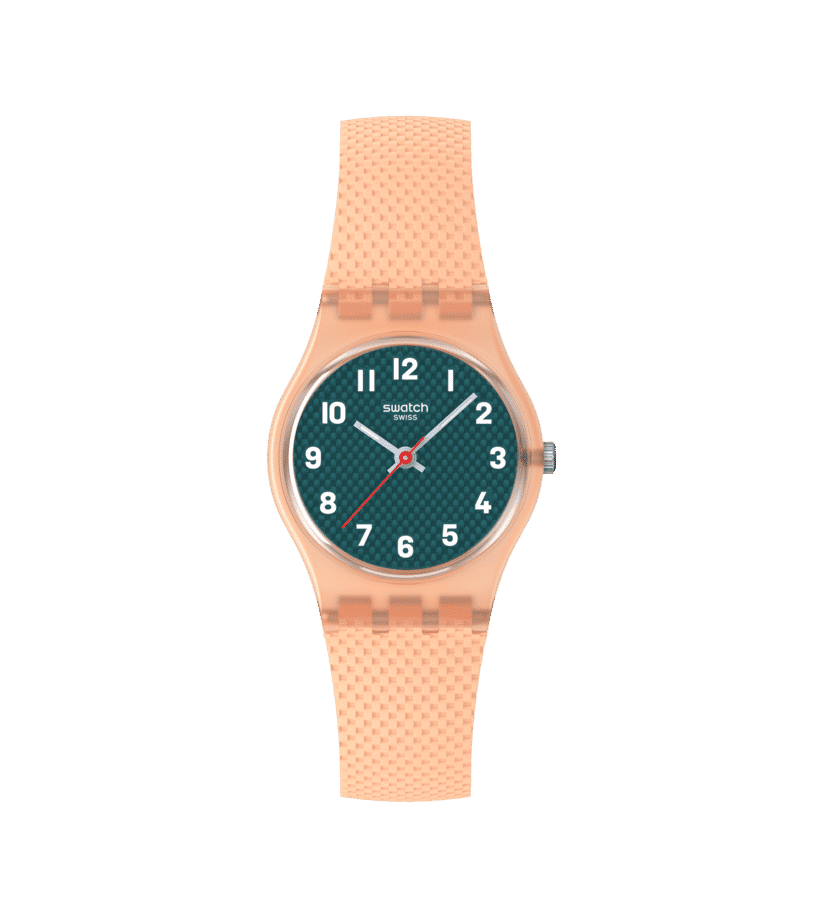 Swatch Originals Small LO117 Damenuhr Pfirsich • Gewebtes Armband • Leichtes Kunststoffgehäuse