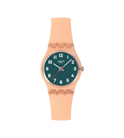 Swatch Originals Small LO117 Damenuhr Pfirsich • Gewebtes Armband • Leichtes Kunststoffgehäuse