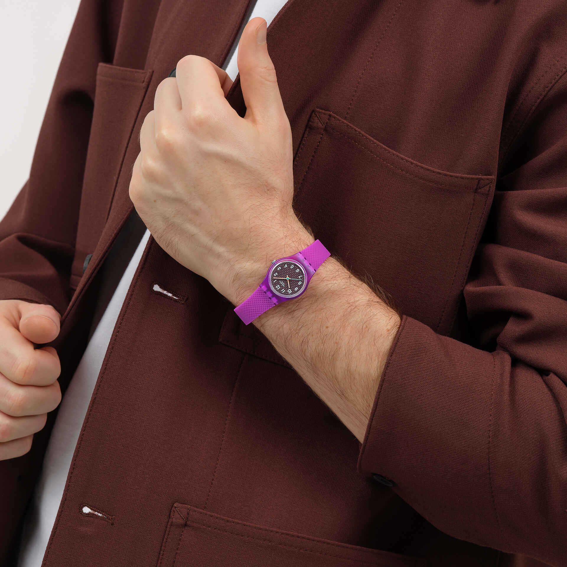 Swatch Magenta Weave LV122 Damen Armbanduhr Lila • Leuchtzeiger • Texturiertes Armband, Bild 5