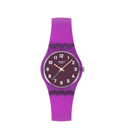 Swatch Magenta Weave LV122 Damen Armbanduhr Lila • Leuchtzeiger • Texturiertes Armband