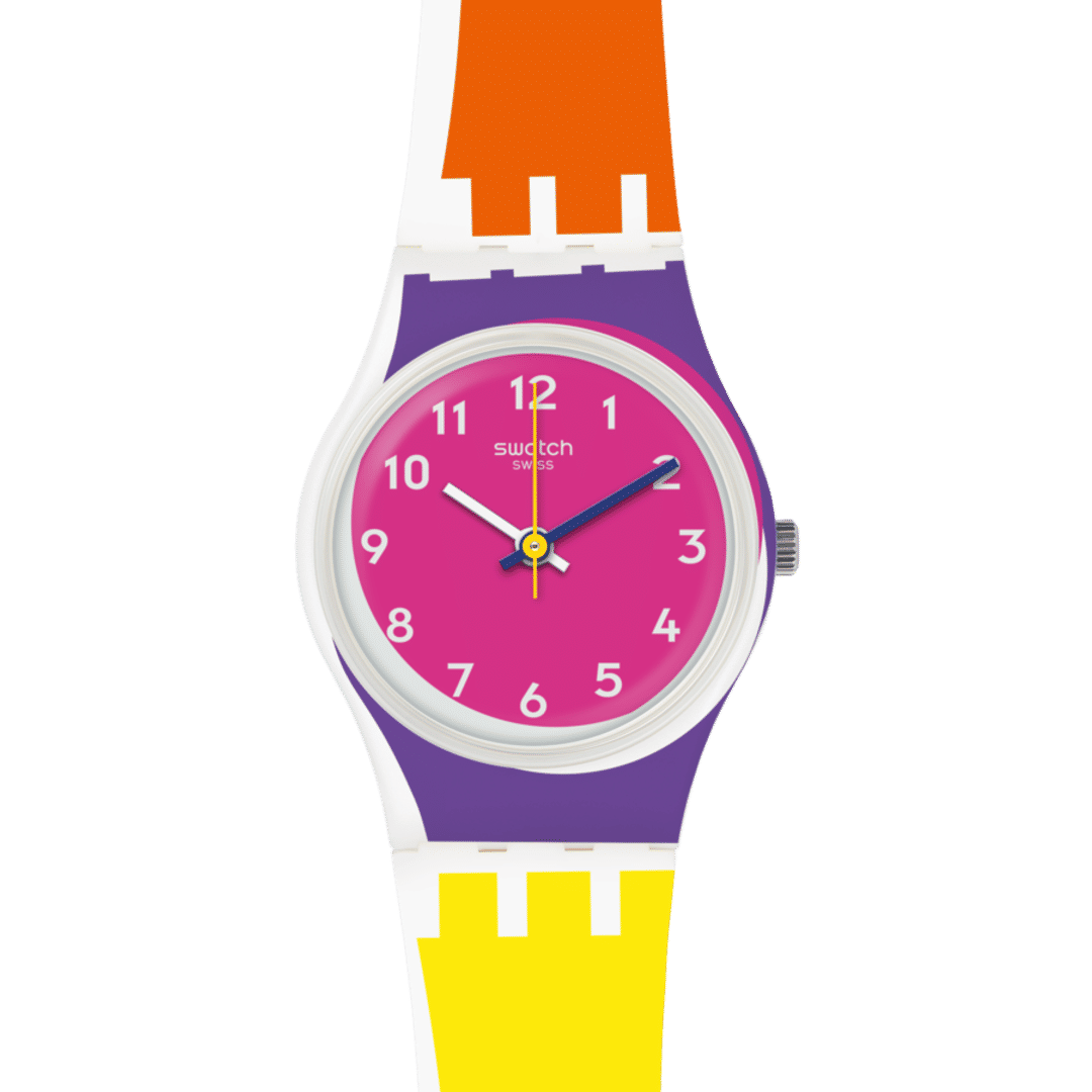 Swatch Originals Small LW165 Sun Through Damenuhr Rosa • Peppy-Farbdesign • Versetztes Zifferblatt, Bild 2