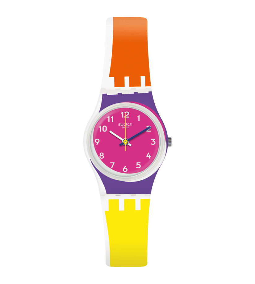 Swatch Originals Small LW165 Sun Through Damenuhr Rosa • Peppy-Farbdesign • Versetztes Zifferblatt