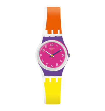 Swatch Originals Small LW165 Sun Through Damenuhr Rosa • Peppy-Farbdesign • Versetztes Zifferblatt, Bild 4