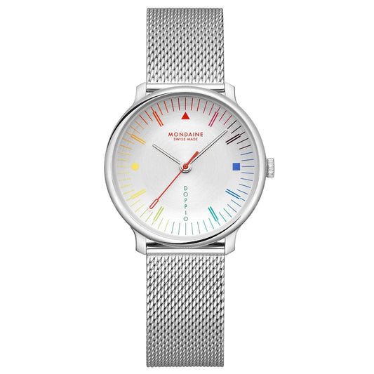 Mondaine Doppio MLE.33112.SM Damen Armbanduhr Silber • Saphirglas mit Antireflexbeschichtung • Swiss Made Quarzwerk