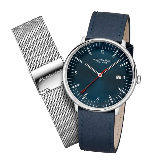 Mondaine Doppio MLE.41240.LQV.SET Herrenuhr Blau • Saphirglas mit Antireflexbeschichtung • Schweizer Quarzwerk