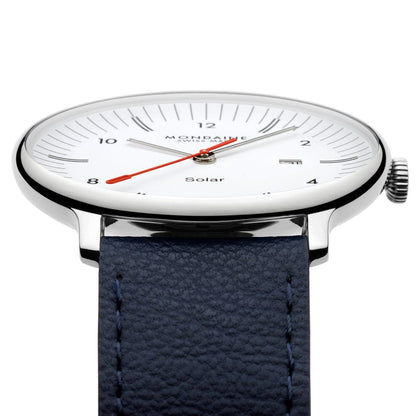 Mondaine Doppio Solar MLE.41910.LDV Herrenuhr Blau • Saphirglas mit Antireflexbeschichtung • Veganes Apfelleder, Bild 4
