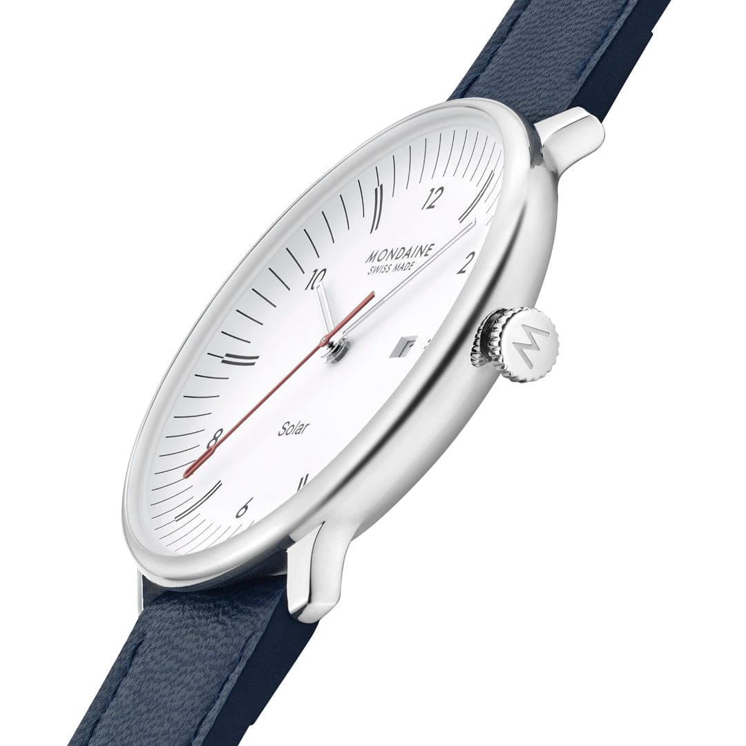 Mondaine Doppio Solar MLE.41910.LDV Herrenuhr Blau • Saphirglas mit Antireflexbeschichtung • Veganes Apfelleder, Bild 6