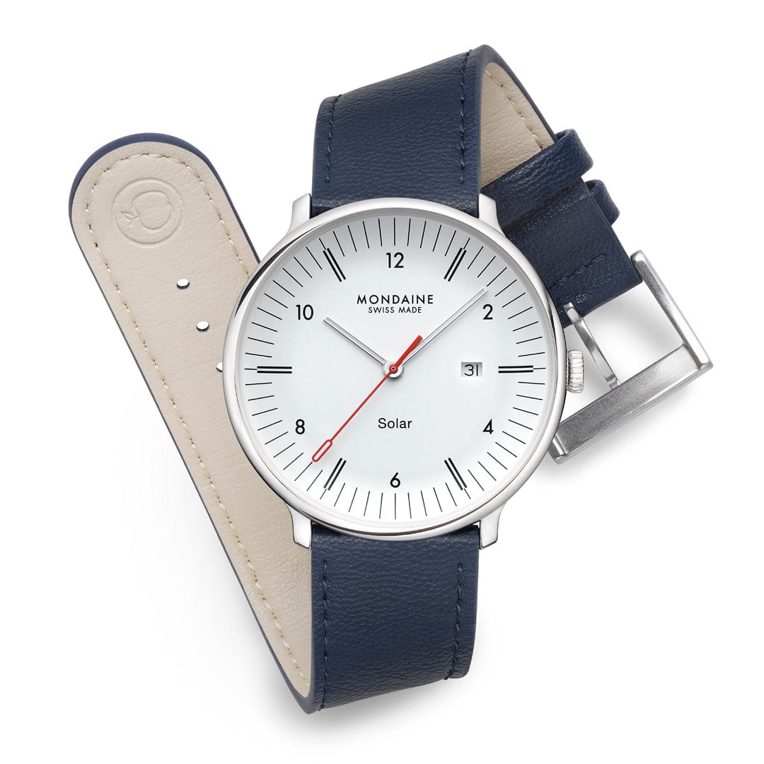 Mondaine Doppio Solar MLE.41910.LDV Herrenuhr Blau • Saphirglas mit Antireflexbeschichtung • Veganes Apfelleder, Bild 10