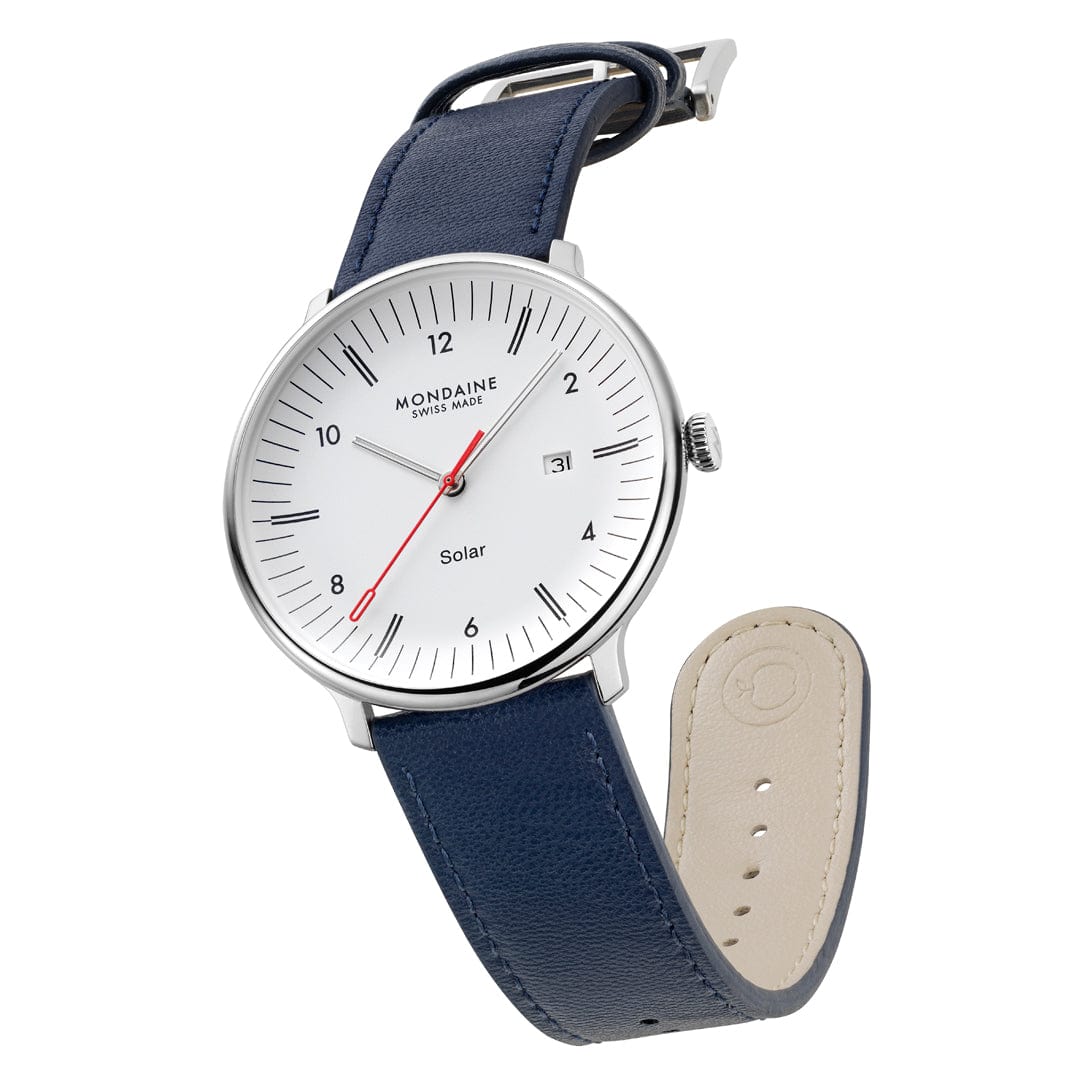Mondaine Doppio Solar MLE.41910.LDV Herrenuhr Blau • Saphirglas mit Antireflexbeschichtung • Veganes Apfelleder, Bild 9