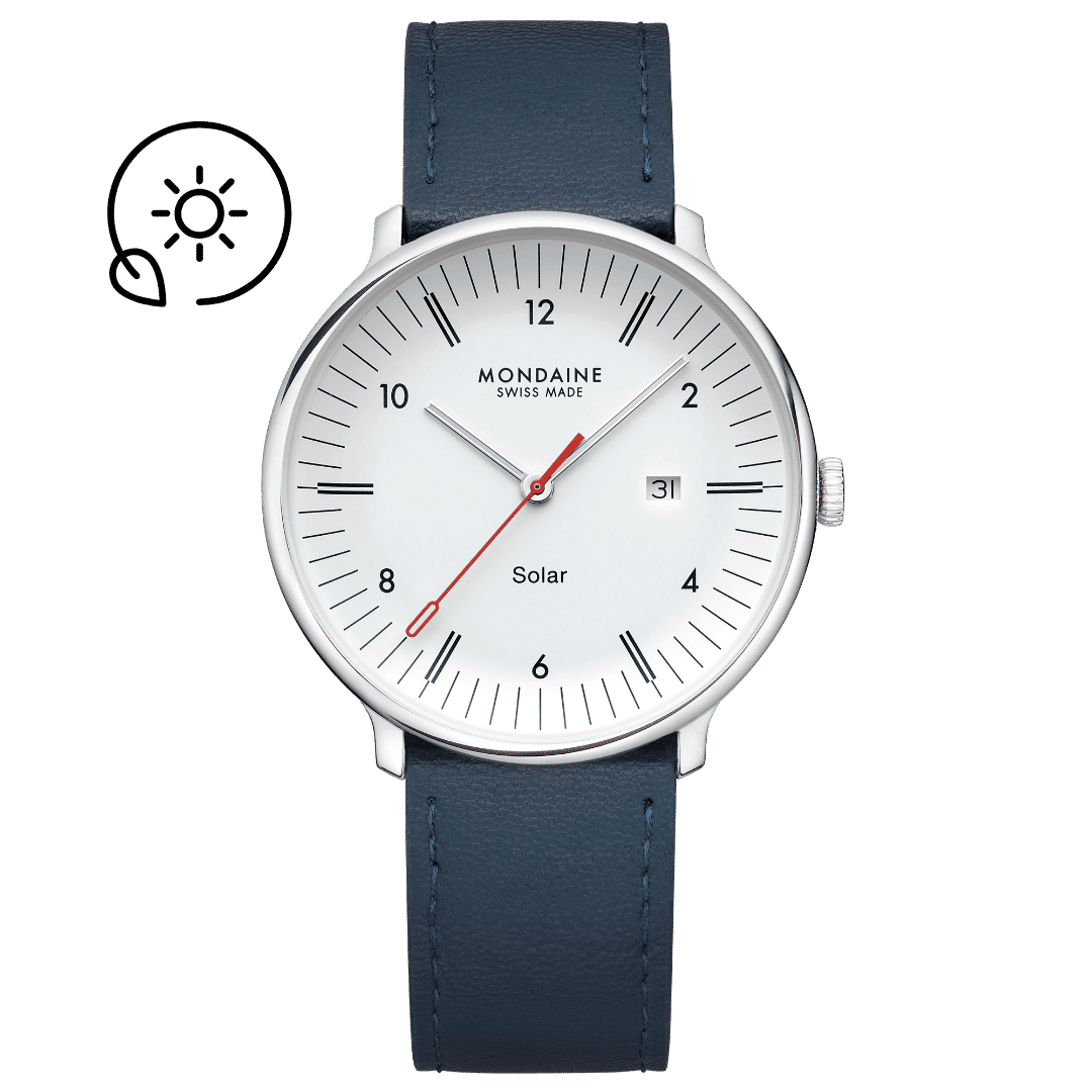 Mondaine Doppio Solar MLE.41910.LDV Herrenuhr Blau • Saphirglas mit Antireflexbeschichtung • Veganes Apfelleder