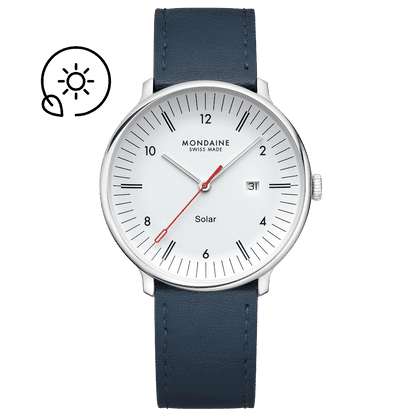 Mondaine Doppio Solar MLE.41910.LDV Herrenuhr Blau • Saphirglas mit Antireflexbeschichtung • Veganes Apfelleder