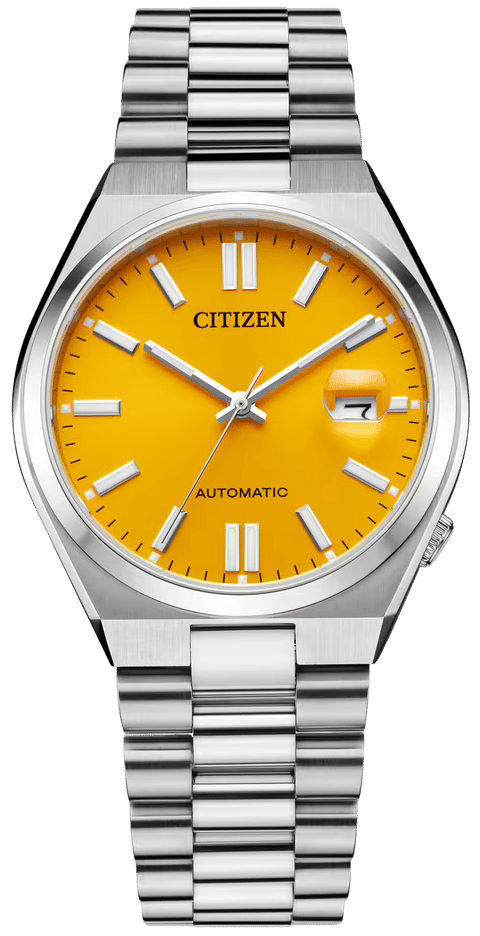 Citizen Uhr mit silbernem Edelstahlband, orangefarbenem Zifferblatt und Automatik-Schriftzug
