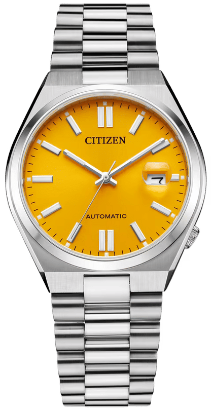Citizen Uhr mit silbernem Edelstahlband, orangefarbenem Zifferblatt und Automatik-Schriftzug