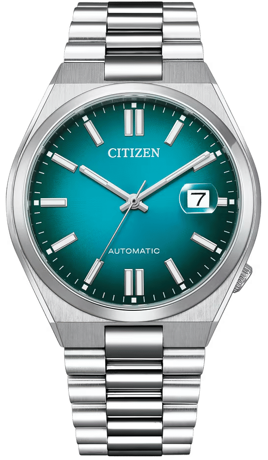 Citizen Herrenuhr: teal Zifferblatt, Edelstahlband, Datumsfenster, Automatikwerk