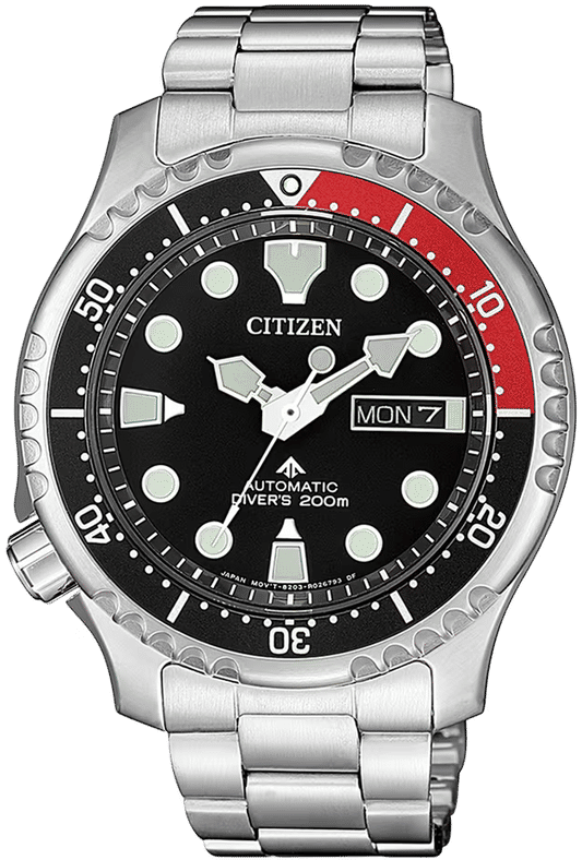 Citizen Promaster Taucheruhr mit schwarzem Zifferblatt, roter Lünette, Tag-Datum, Metallband
