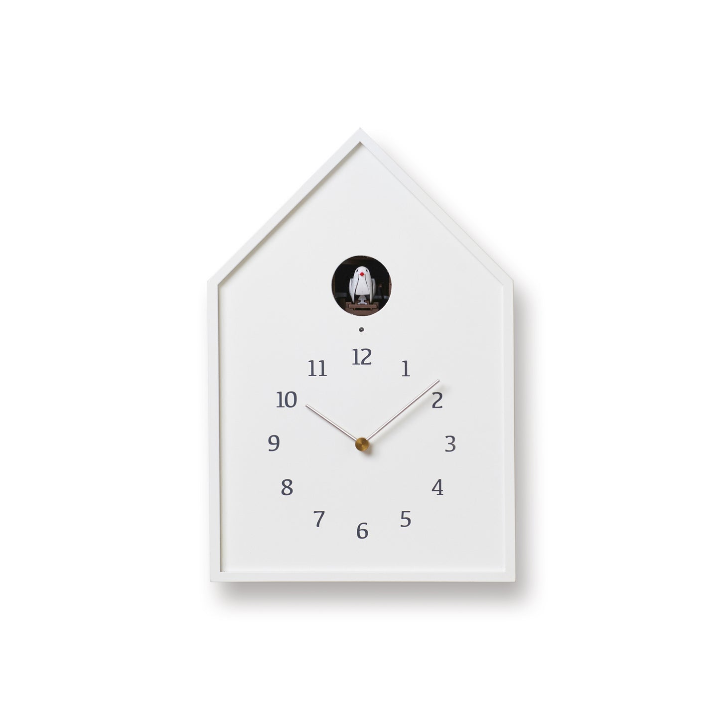Vogelhaus-Wanduhr mit weißem Gehäuse, Ziffern und Zeigern, runde Öffnung oben