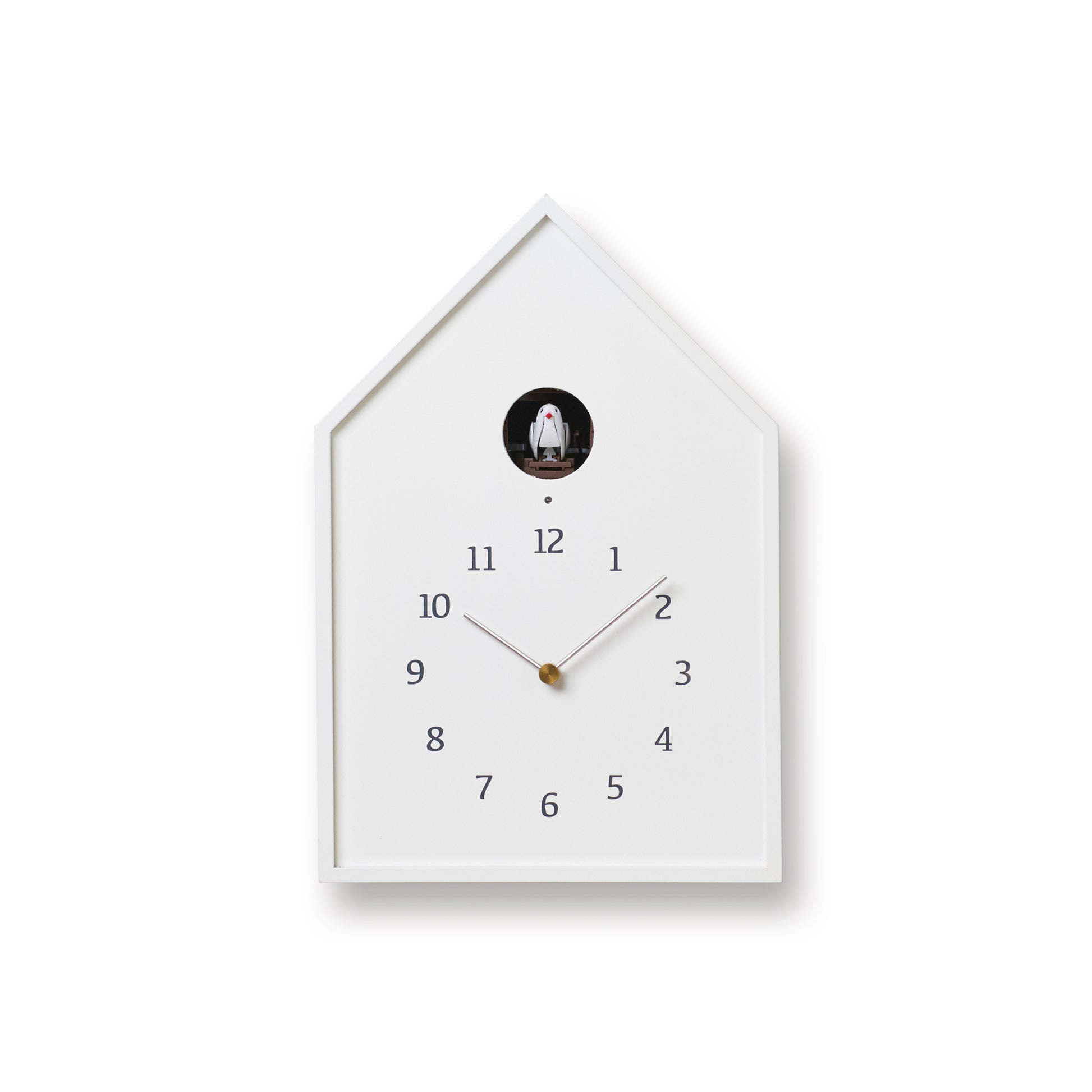 Vogelhaus-Wanduhr mit weißem Gehäuse, Ziffern und Zeigern, runde Öffnung oben