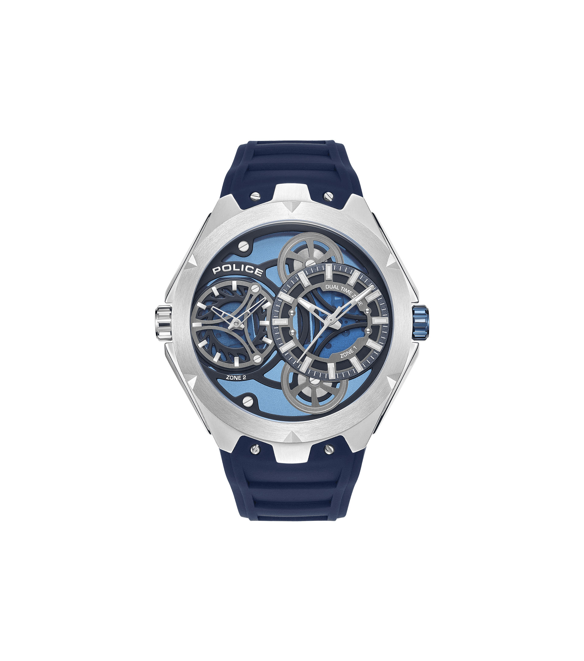 Police Scepter PEWGM0081703 Herrenuhr Blau • Doppelwerk-Anzeige • Marineblaues Silikonarmband