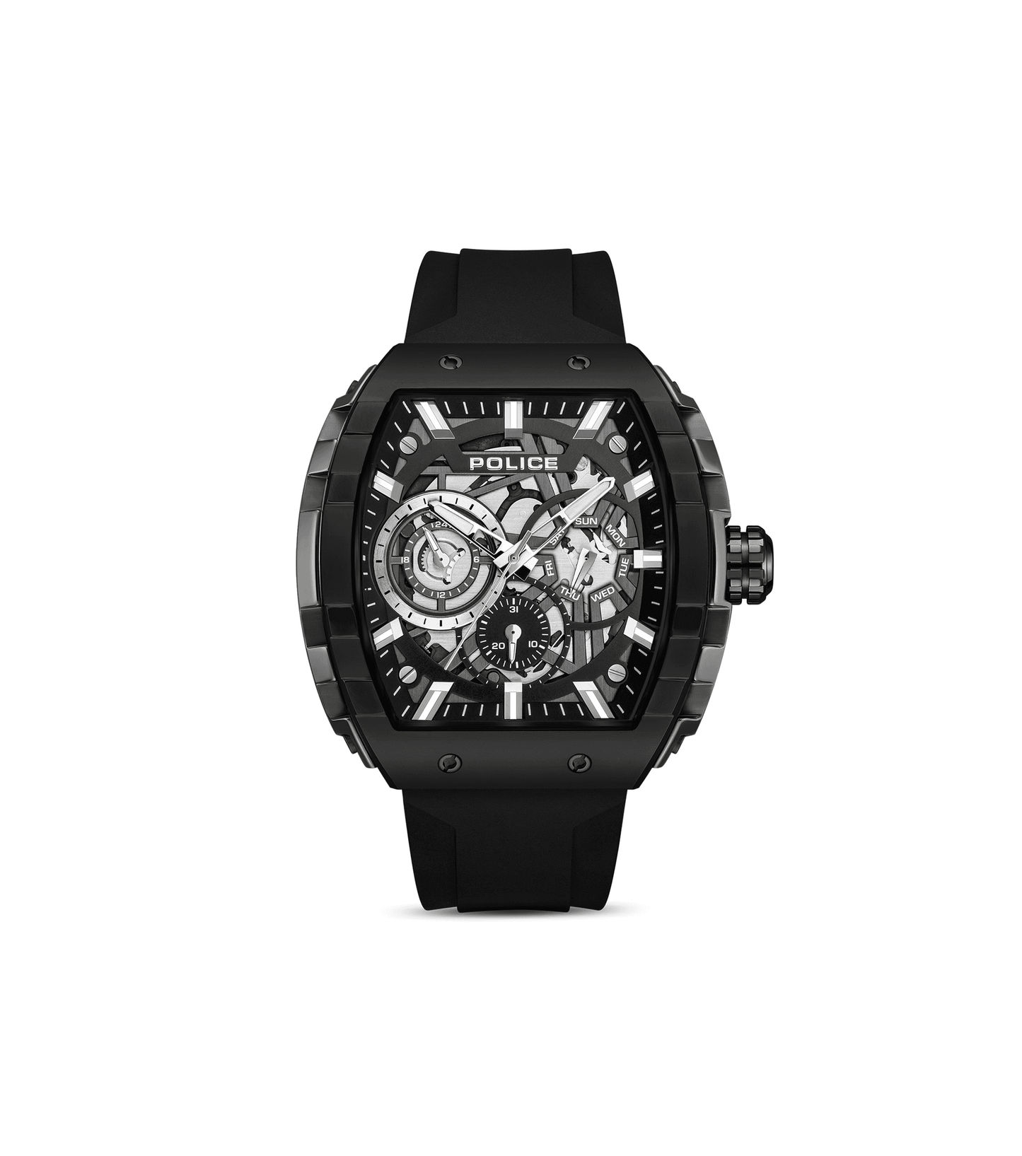 Police Flash PEWGQ0063001 Herrenuhr Schwarz • Multifunktionswerk • Schwarzes Silikonarmband