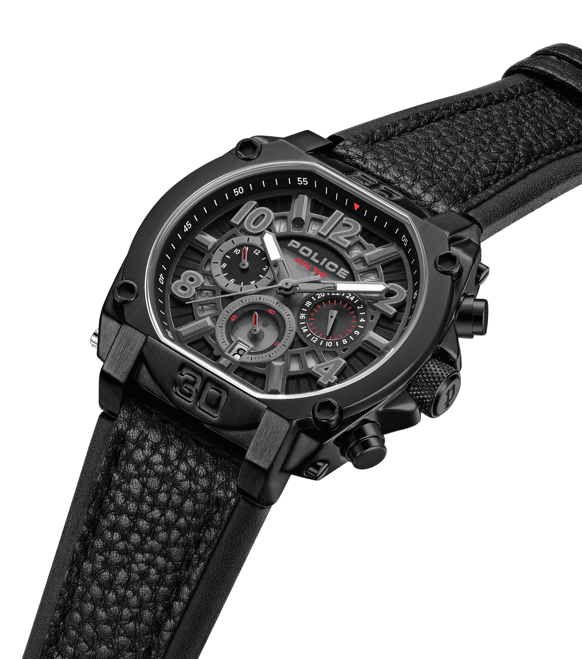 Police Norwood PEWJF0021903 Herrenuhr Schwarz • Zweitzeit-Funktion • Doppellagiges Lederarmband, Bild 2