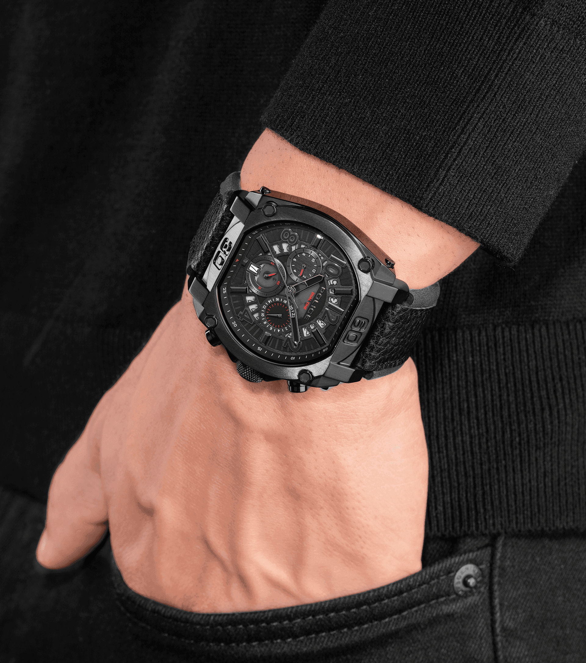 Police Norwood PEWJF0021903 Herrenuhr Schwarz • Zweitzeit-Funktion • Doppellagiges Lederarmband, Bild 5