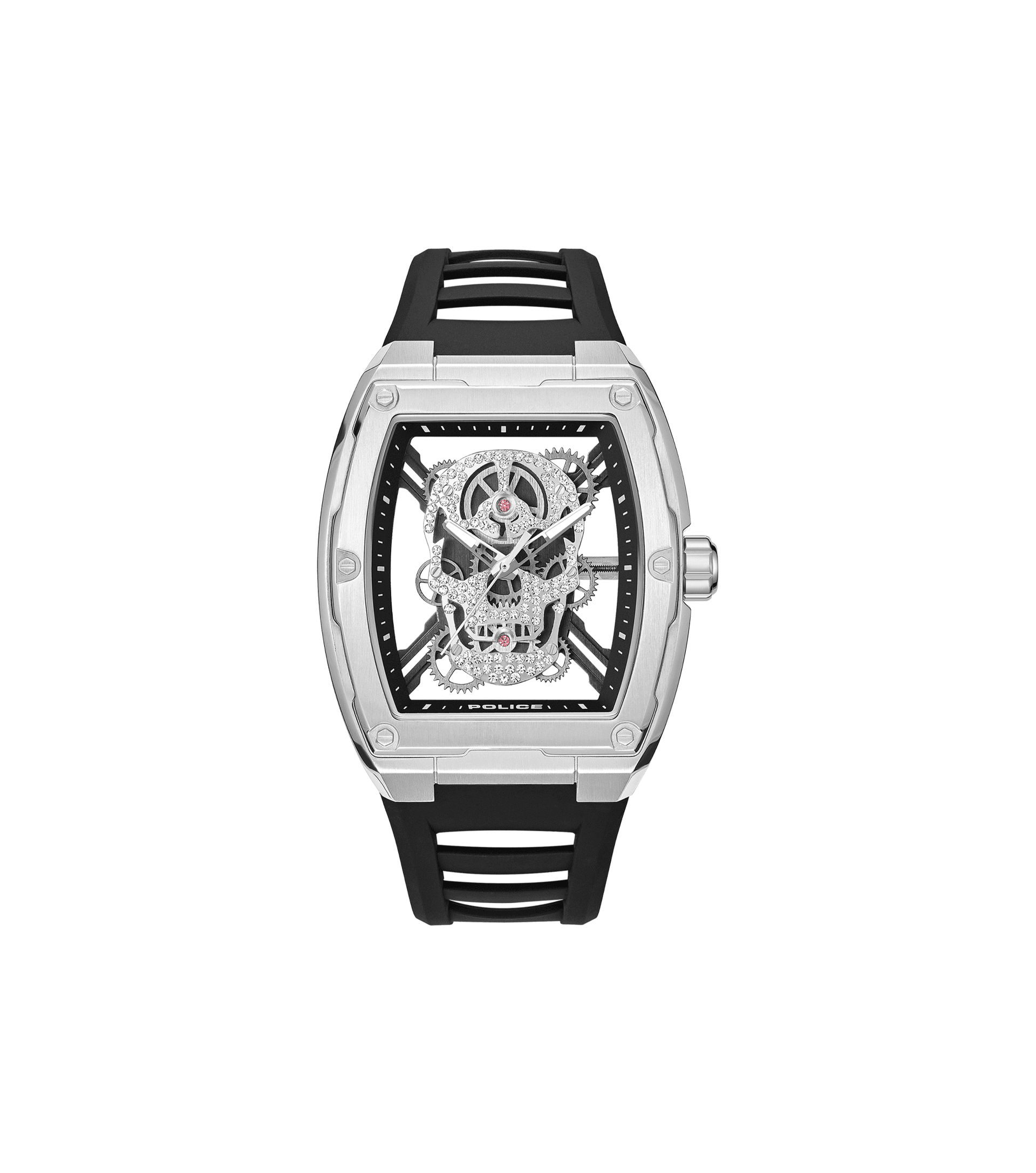 Police Cranium PEWJM0081301 Herrenuhr Schwarz • Skelettiertes Zifferblatt • Tonneau-Gehäuse