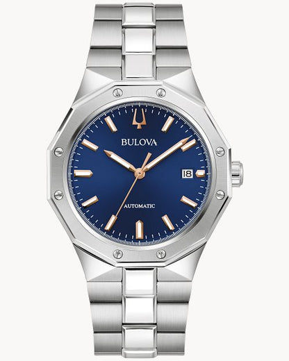 Zegarek męski Bulova z niebieską tarczą, bransoletą ze stali szlachetnej, mechanizmem automatycznym i szafirowym szkłem