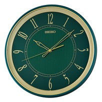 Seiko Wanduhr mit grünem Zifferblatt, goldfarbenem Gehäuse und arabischen Ziffern