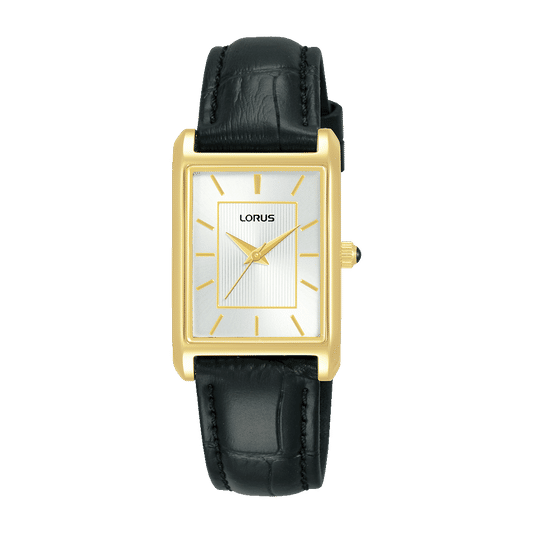 Damenarmbanduhr mit rechteckigem goldfarbenem Gehäuse, weißem Zifferblatt und schwarzem Lederband
