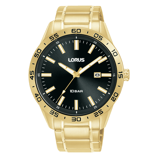 Herrenarmbanduhr Lorus mit goldfarbenem Metallband, schwarzem Zifferblatt und Datumsfenster