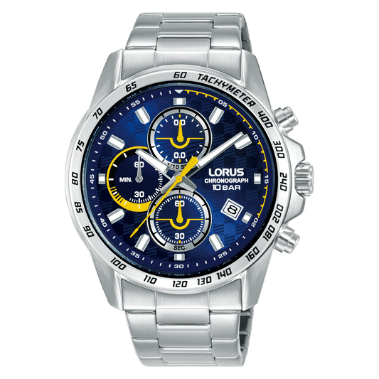 Stahl-Armbanduhr für Herren mit Chronograph, blau-gelbem Zifferblatt und Metallband