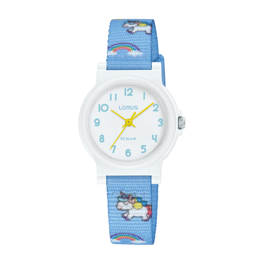 Lorus Kinderuhr, hellblaues Stoffarmband mit Cartoon-Motiv, rundes weiß-blaues Zifferblatt