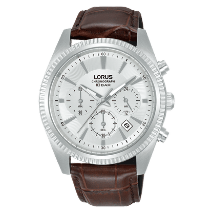 Lorus Classic RT305LX9 Herrenuhr Chronograph • Weißes Zifferblatt • Dunkles Lederband