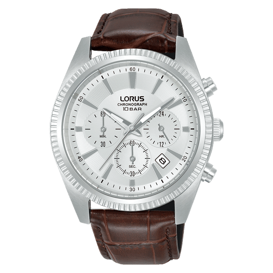 Lorus Classic RT305LX9 Herrenuhr Chronograph • Weißes Zifferblatt • Dunkles Lederband