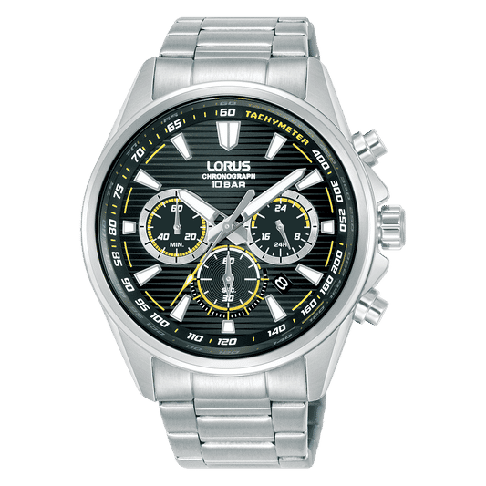 Armbanduhr für Herren: silbernes Edelstahlband, schwarzes Chronograph-Zifferblatt mit 3 Subdials