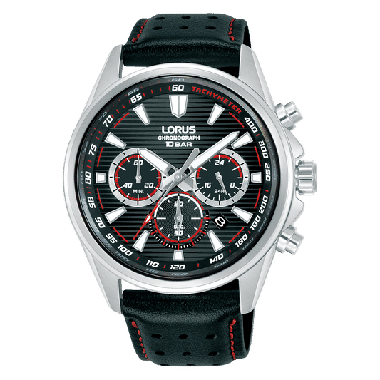 Lorus Sports RT325LX9 Herrenuhr Chronograph • Mineralglas • Schwarzes Lederband