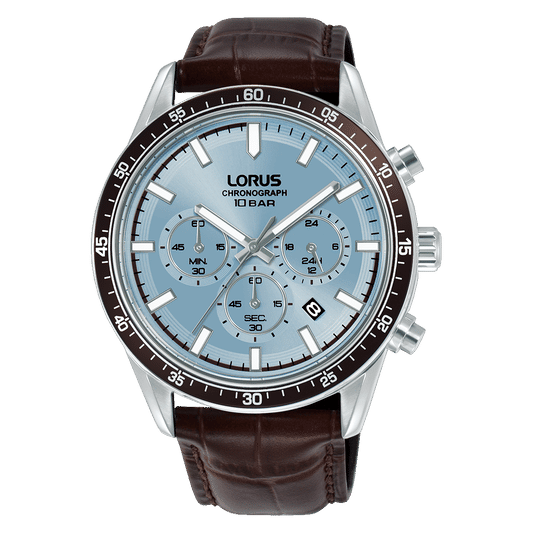 Lorus Sport Herrenarmbanduhr Chronograph mit hellblauem Zifferblatt und braunem Lederband