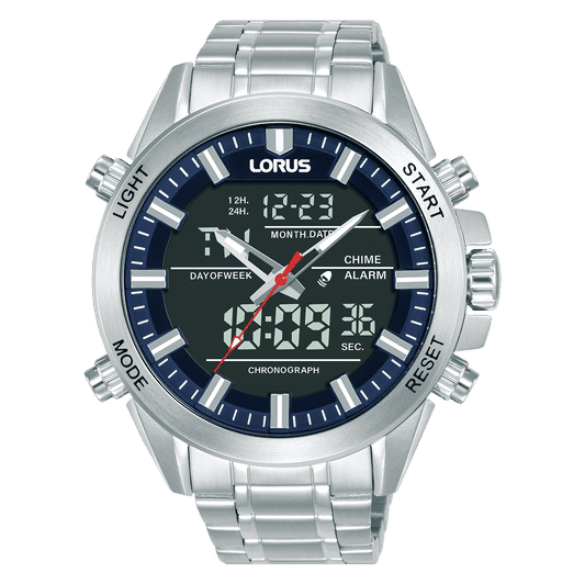 Lorus Herrenarmbanduhr mit blauem Zifferblatt, Stahlband und digitaler Anzeige