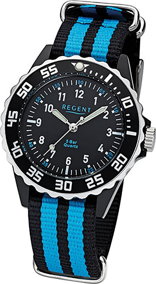 Regent F-1126 Kinderuhr Schwarz/Türkis • Mineralglas • Einseitig drehbare Lünette