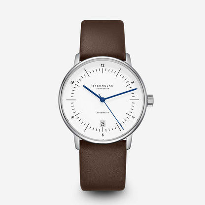 Orologio STERNGLAS Naos Argento con quadrante bianco e cinturino in pelle Premium marrone scuro, vista frontale su sfondo grigio.